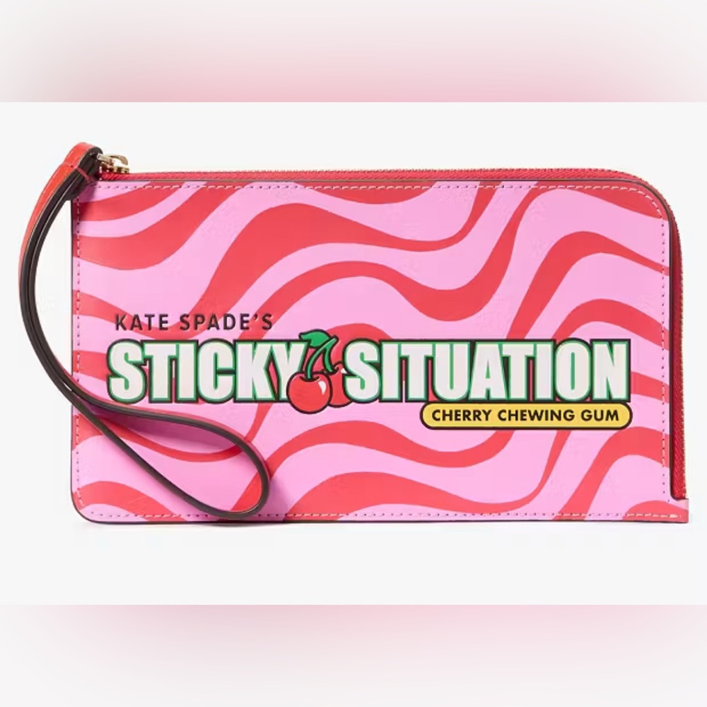 Kate Spade ♠️ L-zip medium wristlet Gum Sticky Cherry Treat Candy Pink and Red